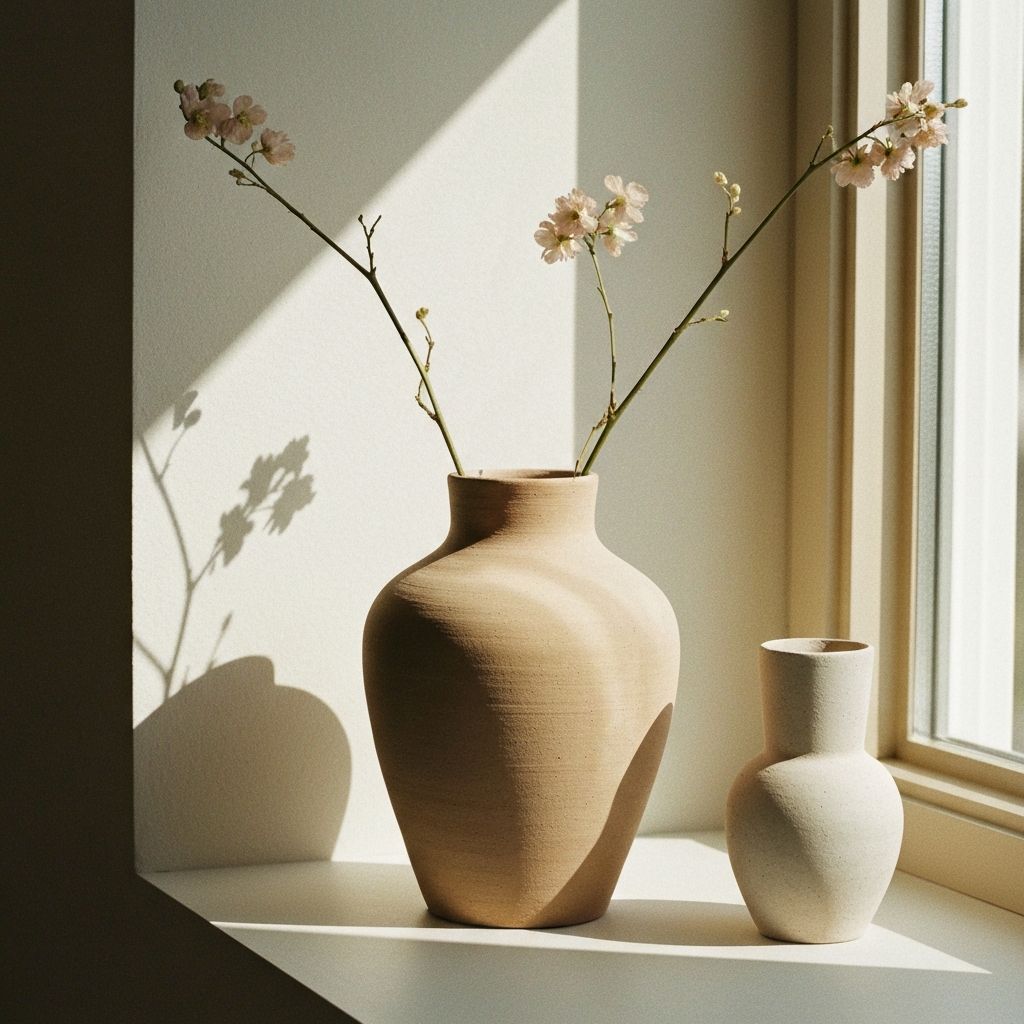A handmade ceramic vase on a stone surface in soft morning light
