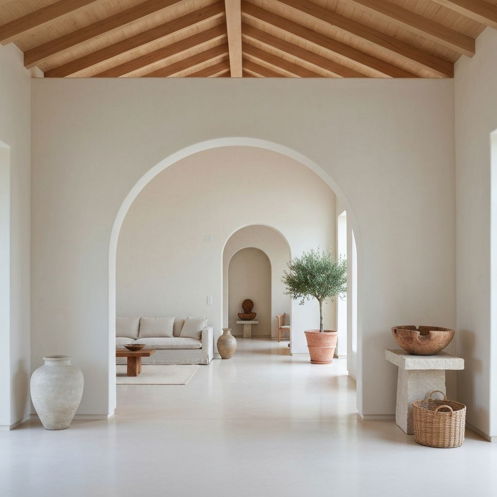 A spacious contemporary home with high vaulted ceiling, light oak beams, off-white plaster walls, arched doorways, olive tree, and handcrafted ceramic vessels