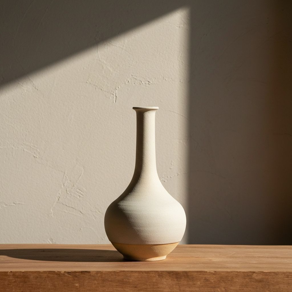 Sculptural stoneware vessel with tall narrow neck on wood table