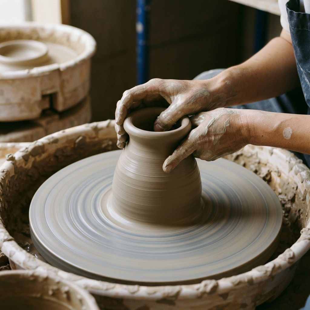 Potter's hands shaping clay on a wheel in natural workshop light
